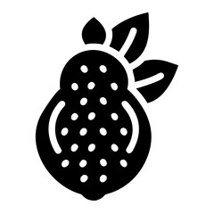 A black and white vector illustration of a quince fruit with leaves