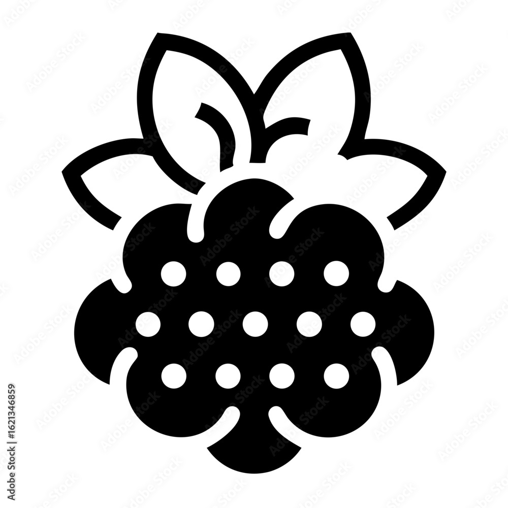 Poster minimalist vector drawing of a ripe raspberry with leaves on top