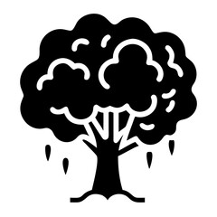 Black Silhouette of a Broadleaf Tree with Droplets, Isolated on White