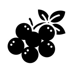 A cluster of six berries, possibly blueberries, along with leafy stems
