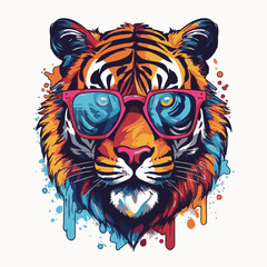 Tiger portrait wearing sunglasses with bright abstract paint splatter. Isolated on white