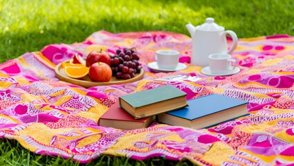 Enjoying a delightful summer picnic with books and fresh fruit