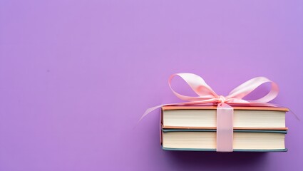 Stack of books tied with a pink ribbon on a purple background