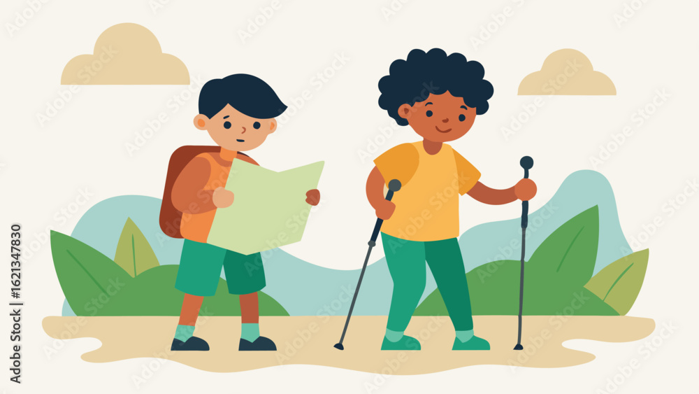 Poster buddy system two children of different abilities paired together on a nature walk one using crutches