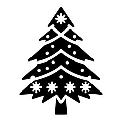 Stylized black and white Christmas tree decorated with snowflakes and ball ornaments