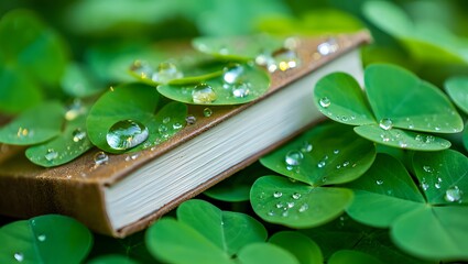 A small book rests amongst lush green clover leaves with dew drops