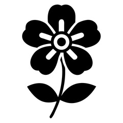 Stylized fivepetal flower blossom with leaves, stem, and geometric center