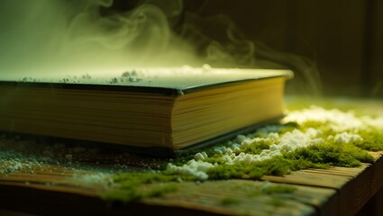 Mysterious ancient book emitting ethereal green smoke and light
