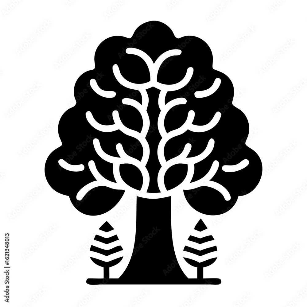 Poster stylized tree icon featuring a lush canopy and smaller symmetrical trees