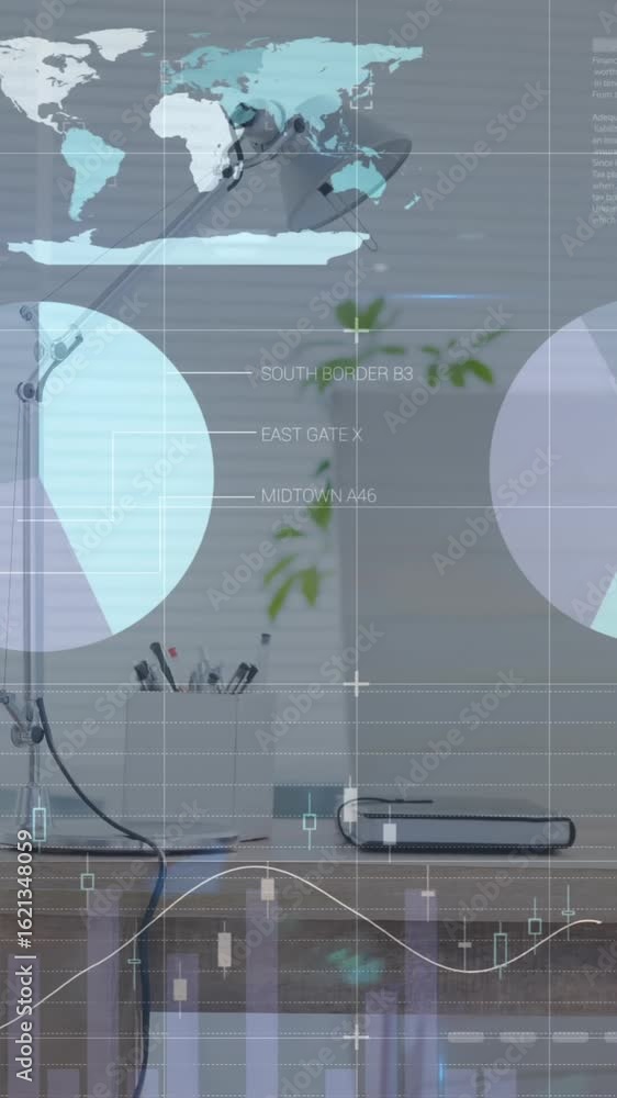 Poster animation of statistical data processing against equipments on office desk