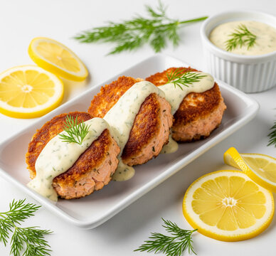 AIP Salmon Breakfast Cakes with Creamy Lemon Dill Sauce &ndash; Anti-Inflammatory Protein-Packed Morning Meal on a White Background 