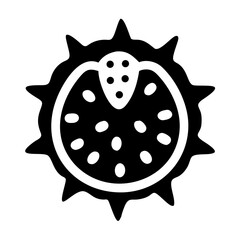 Stylized illustration of rambutan fruit showing the fleshy interior with dots