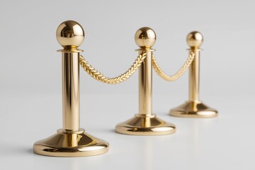 Three shiny gold stanchions with braided ropes arranged in a line on a clean white background, symbolizing exclusivity and elegance