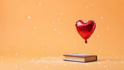 Red heart balloon levitates above a book with a gift bow