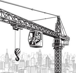 Crane operator in cab overlooking city skyline vector