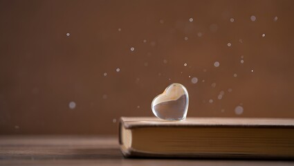 A single glowing heart shaped object rests on an open book with floating particles