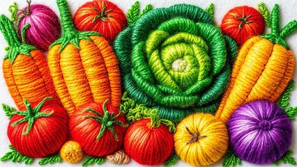Colorful vegetables embroidered in vibrant threads on a textured background  