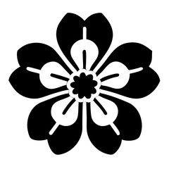 Monochrome floral design featuring five petals and a central geometric pattern