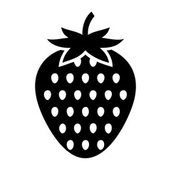 Stylized black and white strawberry graphic illustration with white seeds visible