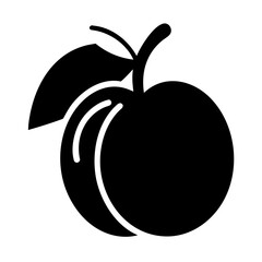 Simple stylized image of a peach with leaves and stem in black