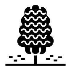 Stylized tree with wavy canopy and trunk on grass patch icon