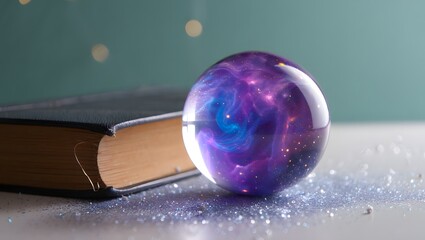 Mystical galaxy egg resting beside an old book