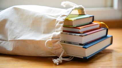 Stack of books emerging from a canvas drawstring bag