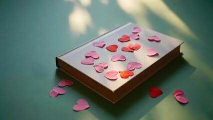A closed book adorned with scattered pink and red heart shaped confetti