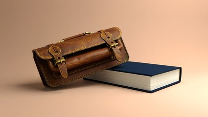 Vintage leather briefcase and blue book on a neutral background