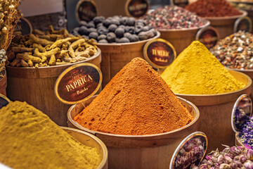 Colorful spices: curcuma, paprika, cumin, Egyptian Bazaar in Istanbul, Turkey