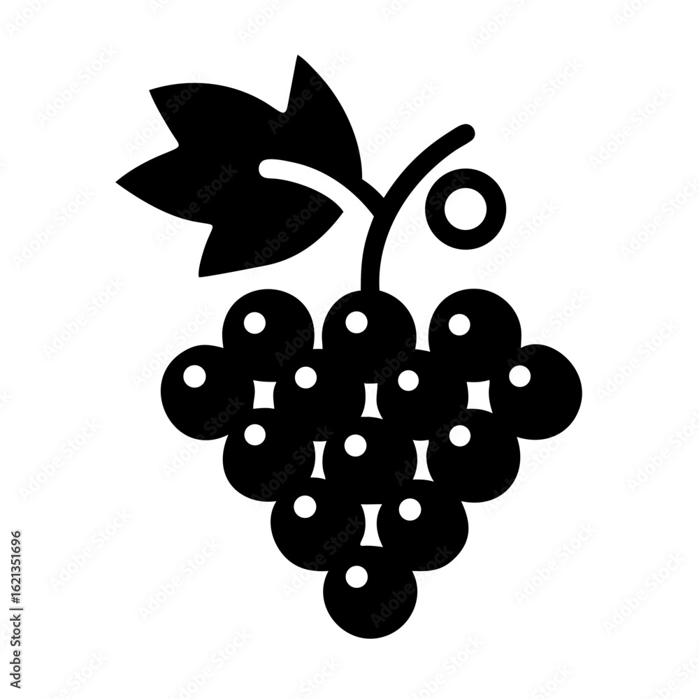 Poster stylized grape cluster with leaf and vine circle in solid black design