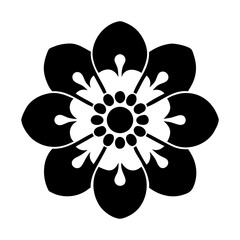 Abstract monochrome flower with petal and droplet shapes on a white background