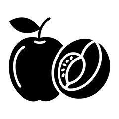 Black Silhouette Illustration of a Whole Peach with a Peach Half Showing Stone