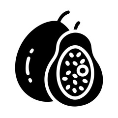 Monochrome depiction of a whole papaya fruit alongside a halved section showing seeds
