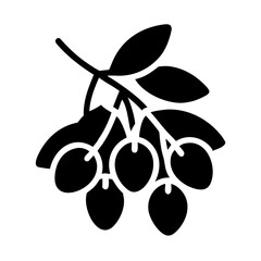 Elegant black olive branch symbol with rounded fruits and leaves, isolated