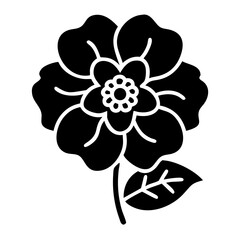 Black and White Floral Design with Petals, Stem, and Single Leaf