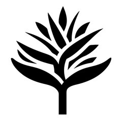 Black and white botanical design featuring abstract leaves on a stem
