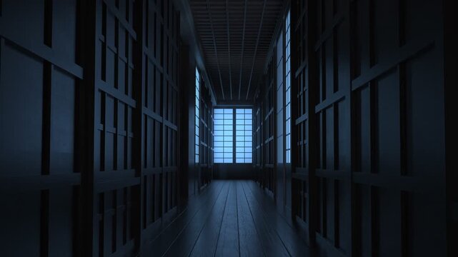 japanese wooden corridor with shoji sliding doors at night