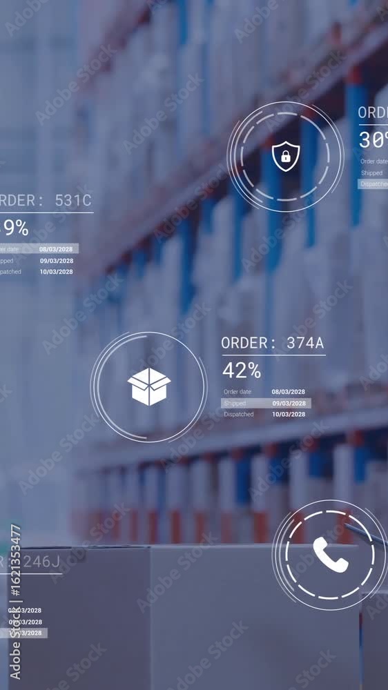 Poster animation of icons and digital data processing over caucasian man working in warehouse