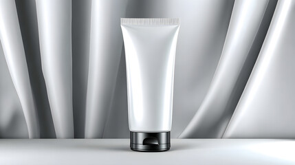 Sleek, matte white body lotion tube stands elegantly against backdrop of soft, flowing fabric, creating sense of luxury and sophistication