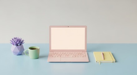 Pastel Workspace Mockup with Laptop, Coffee, and Succulent on Blue Desk