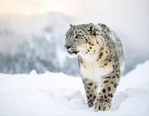 Fototapeta premium A majestic snow leopard emerging from the mist in the Himalayas, captured with cinematic clarity and natural textures.