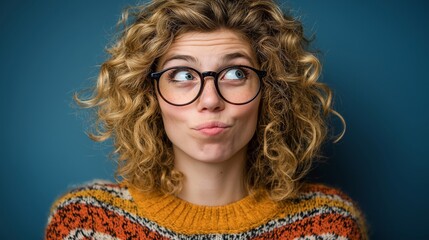 Playful curly-haired woman in round glasses looks sideways with a smirk, wearing a cozy sweater
