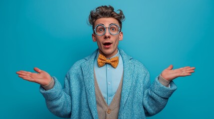 Young man in blue coat and bow tie gestures with confusion against a bold blue background