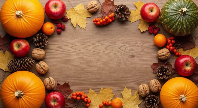 Autumnal bounty arrangement featuring pumpkins, apples, nuts, and vibrant fall foliage around a wooden surface perfect for Thanksgiving seasonal