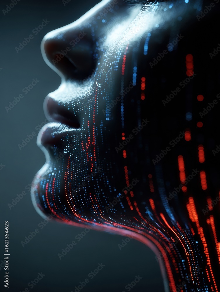 Poster futuristic female profile showcasing skin elasticity scan with vibrant data streams in a tech aesthe