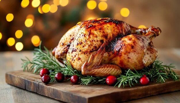 Juicy rotisserie chicken presented on rustic wooden platter with festive bokeh background. Garnished with fresh herbs, raspberries, golden brown poultry dish offers savory, herb-infused flavor
