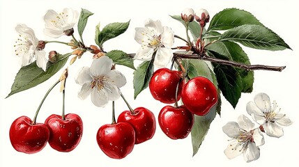 Botanical Illustration of Cherries and Blossoms