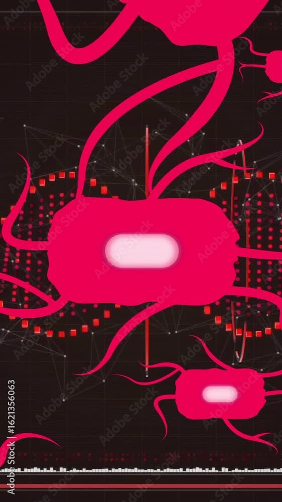 Poster animation of virus cells over data processing with dna strand on black background