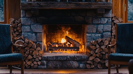 Cozy fireplace with warm fire in home interior